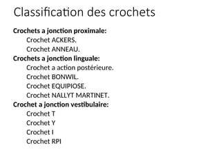 Classification des crochets
Crochets a jonction proximale:
Crochet ACKERS.
Crochet ANNEAU.
Crochets a jonction linguale:
Crochet a action postérieure.
Crochet BONWIL.
Crochet EQUIPIOSE.
Crochet NALLYT MARTINET.
Crochet a jonction vestibulaire:
Crochet T
Crochet Y
Crochet I
Crochet RPI
 