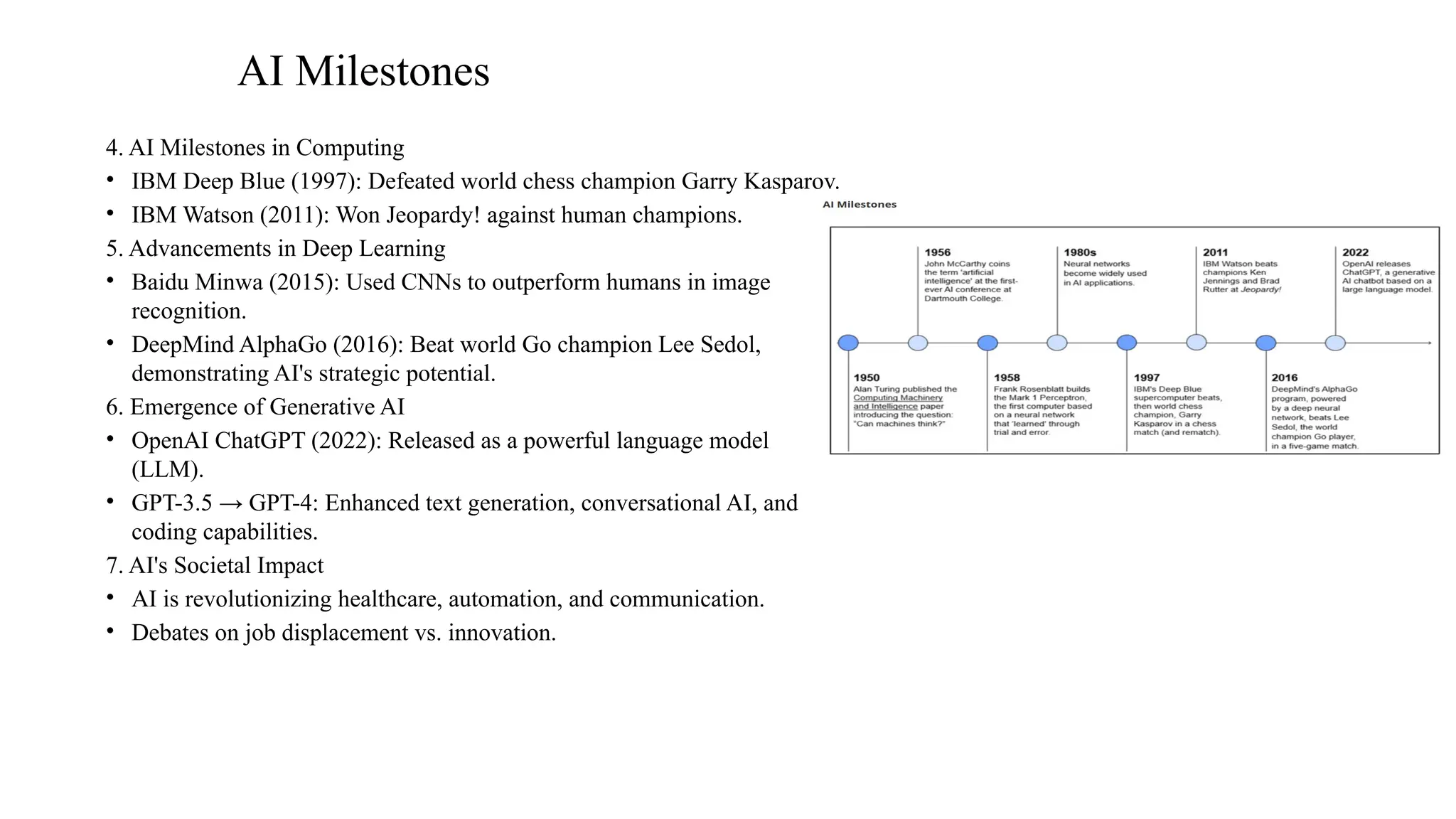 AI Milestones
4. AI Milestones in Computing
• IBM Deep Blue (1997): Defeated world chess champion Garry Kasparov.
• IBM Watson (2011): Won Jeopardy! against human champions.
5. Advancements in Deep Learning
• Baidu Minwa (2015): Used CNNs to outperform humans in image
recognition.
• DeepMind AlphaGo (2016): Beat world Go champion Lee Sedol,
demonstrating AI's strategic potential.
6. Emergence of Generative AI
• OpenAI ChatGPT (2022): Released as a powerful language model
(LLM).
• GPT-3.5 → GPT-4: Enhanced text generation, conversational AI, and
coding capabilities.
7. AI's Societal Impact
• AI is revolutionizing healthcare, automation, and communication.
• Debates on job displacement vs. innovation.
 
