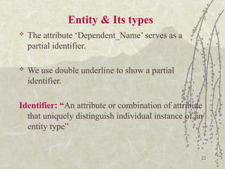 22
Entity & Its types
 The attribute ‘Dependent_Name’ serves as a
partial identifier.
 We use double underline to show a partial
identifier.
Identifier: “An attribute or combination of attribute
that uniquely distinguish individual instance of an
entity type”
 