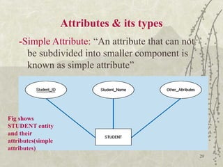 29
Attributes & its types
-Simple Attribute: “An attribute that can not
be subdivided into smaller component is
known as simple attribute”
Fig shows
STUDENT entity
and their
attributes(simple
attributes)
 