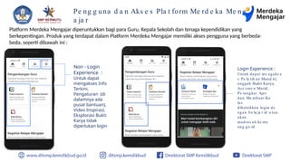 Pe ng g una d a n Aks e s Pla t form Me rd e ka Me ng
a ja r
Non - Login
Experience :
Untuk dapat
mengakses Info
Terkini,
Pengaturan (di
dalamnya ada
pusat bantuan),
Video Inspirasi,
Eksplorasi Bukti
Karya tidak
diperlukan login
Platform Merdeka Mengajar diperuntukkan bagi para Guru, Kepala Sekolah dan tenaga kependidikan yang
berkepentingan. Produk yang terdapat dalam Platform Merdeka Mengajar memiliki akses pengguna yang berbeda-
beda, seperti dibawah ini :
Login Experience :
Untuk dapat me ngaks e
s Pe la tih an Mand iri,
unggah Bukti Karya,
Ase sme n Murid,
Pe rangkat Ajar
dan Me mbuat Ke
las
dibutuhkan login de
ngan be la ja r.id a tau
akun
madras ah.ke me
nag.go.id
 