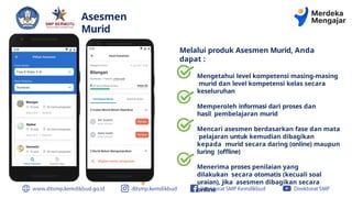 Asesmen
Murid
Melalui produk Asesmen Murid, Anda
dapat :
Mengetahui level kompetensi masing-masing
murid dan level kompetensi kelas secara
keseluruhan
Memperoleh informasi dari proses dan
hasil pembelajaran murid
Mencari asesmen berdasarkan fase dan mata
pelajaran untuk kemudian dibagikan
kepada murid secara daring (online) maupun
luring (offline)
Menerima proses penilaian yang
dilakukan secara otomatis (kecuali soal
uraian), jika asesmen dibagikan secara
online
 