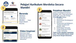 Pelajari Kurikulum Merdeka Secara
Mandiri
1
Beranda
Membaca
Informasi
Kurikulum
Merdeka Pada
Bagian Bawah
Beranda
Video Inspirasi
Menonton Video
Berjudul Kurikulum
Merdeka dan video-
video lainnya sesuai
kebutuhan
3 Pelatihan Mandiri
Untuk mempelajari Kurikulum
Merdeka ada 7 topik yang dapat
dipilih oleh Guru dan Tenaga
Pendidik, yaitu:
1. Merdeka Belajar
2. Kurikulum
3. Perencanaan Pembelajaran
4. Asesmen
5. Penyesuaian pembelajaran
dengan karakteristik
peserta didik
6. Profil Pelajar Pancasila
7. Projek Penguatan Profil
Pelajar Pancasila
Topik ini bisa dipelajari sepanjang
tahun. Pilih terlebih dahulu modul
yang sesuai dengan kebutuhan.
2
 