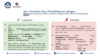 Ayo, Gunakan Akun Pembelajaran dengan
Bijak!
Silakan ikuti panduan berikut dalam menggunakan Akun Pembelajaran
Anda.
✔ Lakukan ✗ Hindari
● J aga kerahasiaan Aku n Pembelajaran An da
dan
tidak membagikan password kepada orang
la in .
● Gunakan
untuk
yang
mendukung
mengaks es berbagai ap lika s
i
proses belajar -
mengajar
untuk men ing katkan produkt ivit as Pend id ik
dan Pes erta Did ik serta s ebagai
SSO untuk
mengakses berbagai
platform Kemdikbudristek .
● Man faatkan sebagai a lat komunikasi dan
kolaborasi secara daring dengan Pes erta Did ik,
Pend id ik, Wa li Pes erta Did ik, dan Administrator
untuk kepent in gan akt ivit as bela jar- mengajar.
● Me nggunakan Aku n Pembelajaran
untuk kegiatan di luar pembelajaran , seperti akt
ivit as seperti akt ivit as komers ia l, pornografi,
dan la in - la in .
● Me nyalahgunakan Aku n
Pembelajaran menyebarkan,
mencuri, informasi
yang bersifat
untuk
a
tau
sensi
tif
menyalin,
menggunaka
n dan
rahasia .
● Me nyalahgunakan
Aku n
Pembelajaran
untuk
ilegal dan
melanggar
terlibat da la m
kegiatan hukum .
 
