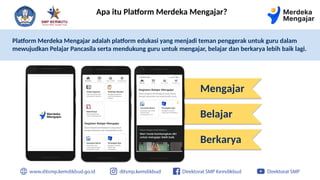 Apa itu Platform Merdeka Mengajar?
Platform Merdeka Mengajar adalah platform edukasi yang menjadi teman penggerak untuk guru dalam
mewujudkan Pelajar Pancasila serta mendukung guru untuk mengajar, belajar dan berkarya lebih baik lagi.
Mengajar
Belajar
Berkarya
 