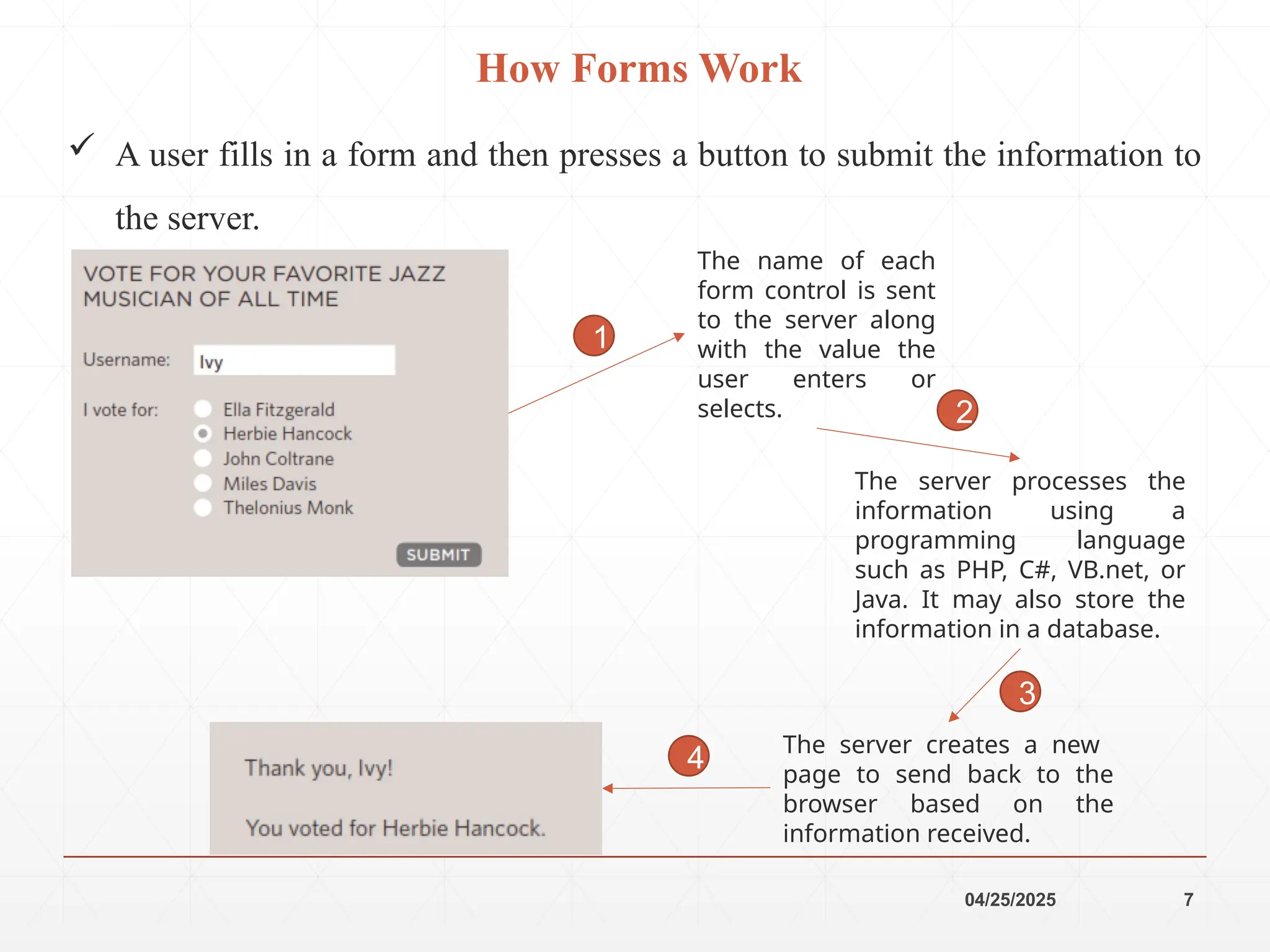 04/25/2025 7
How Forms Work
 A user fills in a form and then presses a button to submit the information to
the server.
The name of each
form control is sent
to the server along
with the value the
user enters or
selects.
The server processes the
information using a
programming language
such as PHP, C#, VB.net, or
Java. It may also store the
information in a database.
The server creates a new
page to send back to the
browser based on the
information received.
1
2
3
4
 