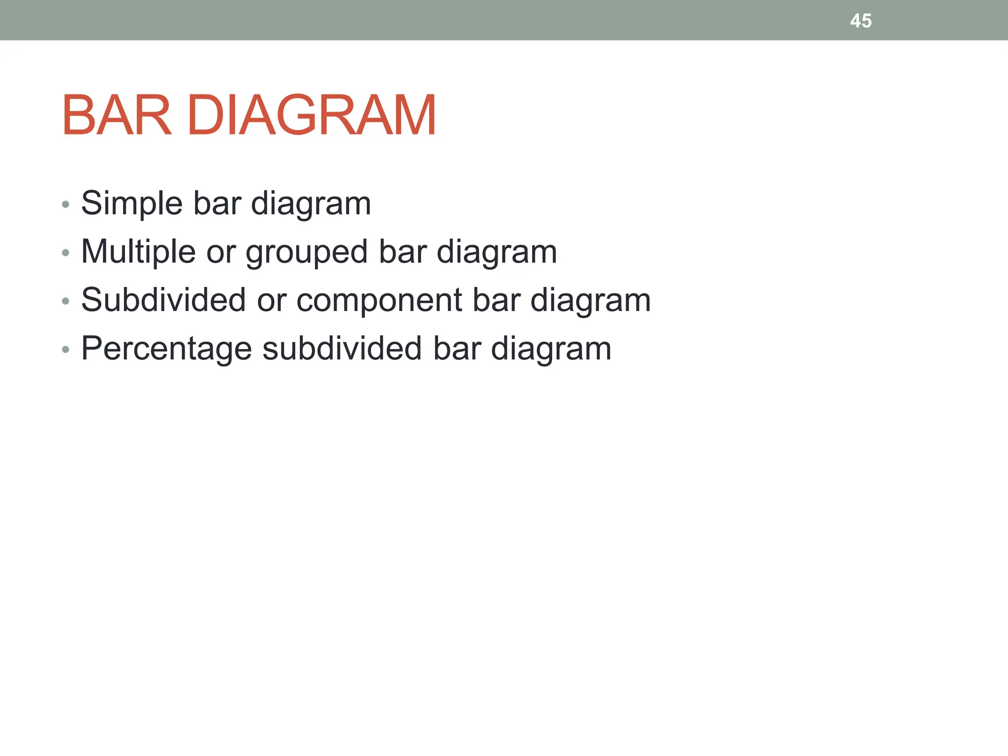BAR DIAGRAM
• Simple bar diagram
• Multiple or grouped bar diagram
• Subdivided or component bar diagram
• Percentage subdivided bar diagram
45
 