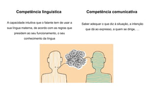 Competência linguística
A capacidade intuitiva que o falante tem de usar a
sua língua materna, de acordo com as regras que
presidem ao seu funcionamento, o seu
conhecimento da língua
Competência comunicativa
Saber adequar o que diz à situação, a intenção
que dá ao expresso, a quem se dirige, …
 