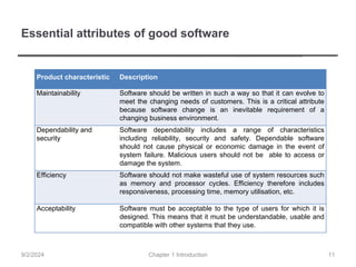 Essential attributes of good software
Product characteristic Description
Maintainability Software should be written in such a way so that it can evolve to
meet the changing needs of customers. This is a critical attribute
because software change is an inevitable requirement of a
changing business environment.
Dependability and
security
Software dependability includes a range of characteristics
including reliability, security and safety. Dependable software
should not cause physical or economic damage in the event of
system failure. Malicious users should not be able to access or
damage the system.
Efficiency Software should not make wasteful use of system resources such
as memory and processor cycles. Efficiency therefore includes
responsiveness, processing time, memory utilisation, etc.
Acceptability Software must be acceptable to the type of users for which it is
designed. This means that it must be understandable, usable and
compatible with other systems that they use.
Chapter 1 Introduction
9/2/2024 11
 