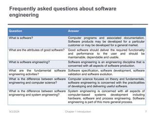 Frequently asked questions about software
engineering
Question Answer
What is software? Computer programs and associated documentation.
Software products may be developed for a particular
customer or may be developed for a general market.
What are the attributes of good software? Good software should deliver the required functionality
and performance to the user and should be
maintainable, dependable and usable.
What is software engineering? Software engineering is an engineering discipline that is
concerned with all aspects of software production.
What are the fundamental software
engineering activities?
Software specification, software development, software
validation and software evolution.
What is the difference between software
engineering and computer science?
Computer science focuses on theory and fundamentals;
software engineering is concerned with the practicalities
of developing and delivering useful software.
What is the difference between software
engineering and system engineering?
System engineering is concerned with all aspects of
computer-based systems development including
hardware, software and process engineering. Software
engineering is part of this more general process.
Chapter 1 Introduction
9/2/2024 7
 