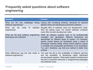 Frequently asked questions about software
engineering
Question Answer
What are the key challenges facing
software engineering?
Coping with increasing diversity, demands for reduced
delivery times and developing trustworthy software.
What are the costs of software
engineering?
Roughly 60% of software costs are development costs,
40% are testing costs. For custom software, evolution
costs often exceed development costs.
What are the best software engineering
techniques and methods?
While all software projects have to be professionally
managed and developed, different techniques are
appropriate for different types of system. For example,
games should always be developed using a series of
prototypes whereas safety critical control systems require
a complete and analyzable specification to be developed.
You can’t, therefore, say that one method is better than
another.
What differences has the web made to
software engineering?
The web has led to the availability of software services
and the possibility of developing highly distributed
service-based systems. Web-based systems development
has led to important advances in programming languages
and software reuse.
Chapter 1 Introduction
9/2/2024 8
 