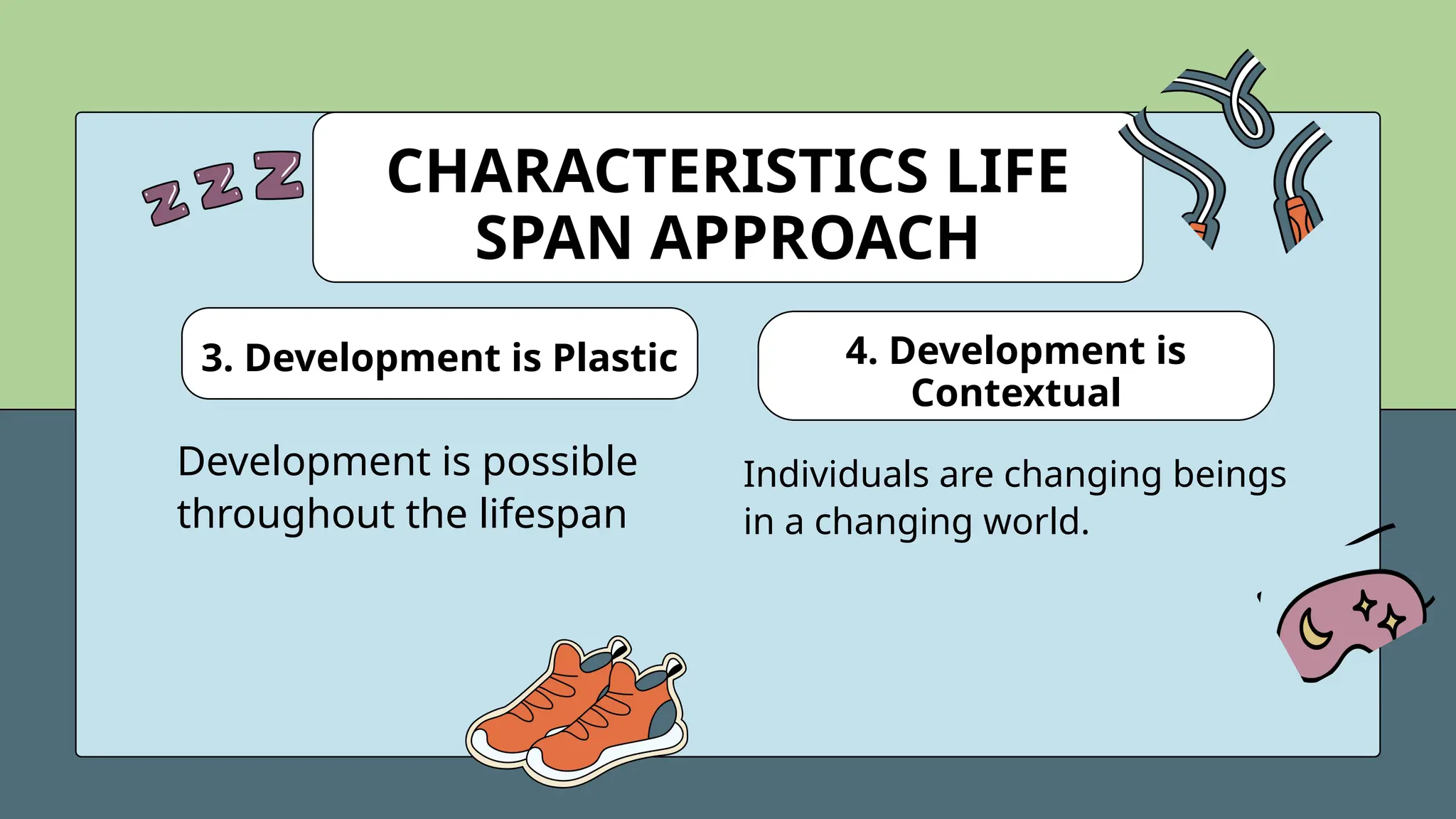 CHARACTERISTICS LIFE
SPAN APPROACH
Development is possible
throughout the lifespan
Individuals are changing beings
in a changing world.
3. Development is Plastic 4. Development is
Contextual
 