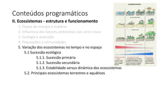 Conteúdos programáticos
II. Ecossistemas - estrutura e funcionamento
1. Fluxos de energia e matéria
2. Influência dos fatores ambientais nos seres vivos
3. Ecologia e evolução
4. Populações e comunidades
5. Variação dos ecossistemas no tempo e no espaço
5.1 Sucessão ecológica
5.1.1. Sucessão primária
5.1.2. Sucessão secundária
5.1.3. Estabilidade versus dinâmica dos ecossistemas
5.2. Principais ecossistemas terrestres e aquáticos
 
