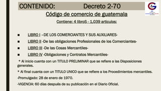 CONTENIDO: Decreto 2-70
Código de comercio de guatemala
Contiene: 4 libroS - 1,039 articulos:
■ LIBRO I –DE LOS COMERCIANTES Y SUS AUXILIARES-
■ LIBRO II -De las obligaciones Profesionales de los Comerciantes-
■ LIBRO III -De las Cosas Mercantiles-
■ LIBRO IV -Obligaciones y Contratos Mercantiles-
* Al inicio cuenta con un TITULO PRELIMINAR que se refiere a las Disposiciones
generales.
* Al final cuanta con un TITULO UNICO que se refiere a los Procedimientos mercantiles.
-Promulgado: 28 de enero de 1970.
-VIGENCIA: 60 días después de su publicación en el Diario Oficial.
 