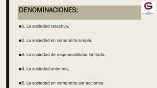 DENOMINACIONES:
■1. La sociedad colectiva,
■2. La sociedad en comandita simple,
■3. La sociedad de responsabilidad limitada,
■4. La sociedad anónima,
■5. La sociedad en comandita por acciones.
 