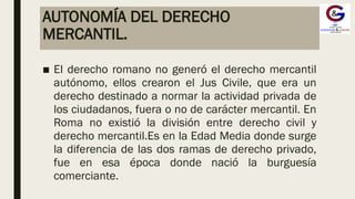 AUTONOMÍA DEL DERECHO
MERCANTIL.
■ El derecho romano no generó el derecho mercantil
autónomo, ellos crearon el Jus Civile, que era un
derecho destinado a normar la actividad privada de
los ciudadanos, fuera o no de carácter mercantil. En
Roma no existió la división entre derecho civil y
derecho mercantil.Es en la Edad Media donde surge
la diferencia de las dos ramas de derecho privado,
fue en esa época donde nació la burguesía
comerciante.
 