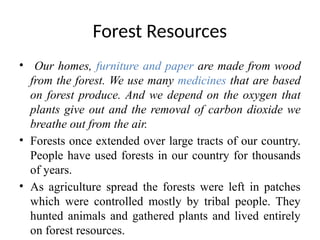 Forest Resources
• Our homes, furniture and paper are made from wood
from the forest. We use many medicines that are based
on forest produce. And we depend on the oxygen that
plants give out and the removal of carbon dioxide we
breathe out from the air.
• Forests once extended over large tracts of our country.
People have used forests in our country for thousands
of years.
• As agriculture spread the forests were left in patches
which were controlled mostly by tribal people. They
hunted animals and gathered plants and lived entirely
on forest resources.
 