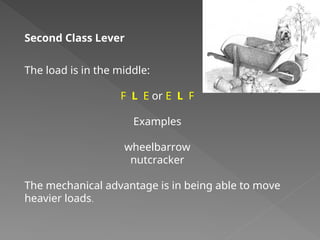 Second Class Lever
The load is in the middle:
F L E or E L F
Examples
wheelbarrow
nutcracker
The mechanical advantage is in being able to move
heavier loads.
 