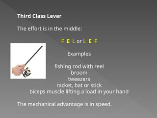 Third Class Lever
The effort is in the middle:
F E L or L E F
Examples
fishing rod with reel
broom
tweezers
racket, bat or stick
biceps muscle lifting a load in your hand
The mechanical advantage is in speed.
 