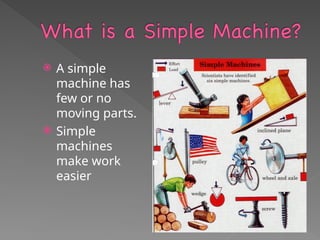  A simple
machine has
few or no
moving parts.
 Simple
machines
make work
easier
 