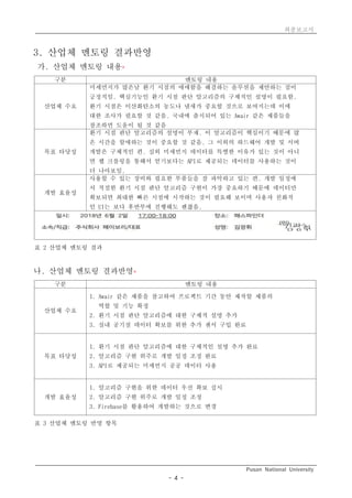 최종보고서
Pusan National University
- 4 -
3. 산업체 멘토링 결과반영
가. 산업체 멘토링 내용*
구분 멘토링 내용
산업체 수요
미세먼지가 많은날 환기 시점의 애매함을 해결하는 솔루션을 제안하는 점이
긍정적임. 핵심기능인 환기 시점 판단 알고리즘의 구체적인 설명이 필요함.
환기 시점은 이산화탄소의 농도나 냄새가 중요할 것으로 보여지는데 이에
대한 조사가 필요할 것 같음. 국내에 출시되어 있는 Awair 같은 제품들을
참조하면 도움이 될 것 같음
목표 타당성
환기 시점 판단 알고리즘의 설명이 부재. 이 알고리즘이 핵심이기 때문에 많
은 시간을 할애하는 것이 중요할 것 같음. 그 이외의 하드웨어 개발 및 서버
개발은 구체적인 편. 실외 미세먼지 데이터를 특별한 이유가 있는 것이 아니
면 웹 크롤링을 통해서 얻기보다는 API로 제공되는 데이터를 사용하는 것이
더 나아보임.
개발 효율성
사용할 수 있는 장비와 필요한 부품들을 잘 파악하고 있는 편. 개발 일정에
서 적절한 환기 시점 판단 알고리즘 구현이 가장 중요하기 때문에 데이터만
확보되면 최대한 빠른 시점에 시작하는 것이 필요해 보이며 사용자 친화적
인 UI는 보다 후반부에 진행해도 괜찮음.
표 2 산업체 멘토링 결과
나. 산업체 멘토링 결과반영*
구분 멘토링 내용
산업체 수요
1. Awair 같은 제품을 참고하여 프로젝트 기간 동안 제작할 제품의
역할 및 기능 확정
2. 환기 시점 판단 알고리즘에 대한 구체적 설명 추가
3. 실내 공기질 데이터 확보를 위한 추가 센서 구입 완료
목표 타당성
1. 환기 시점 판단 알고리즘에 대한 구체적인 설명 추가 완료
2. 알고리즘 구현 위주로 개발 일정 조정 완료
3. API로 제공되는 미세먼지 공공 데이터 사용
개발 효율성
1. 알고리즘 구현을 위한 데이터 우선 확보 실시
2. 알고리즘 구현 위주로 개발 일정 조정
3. Firebase를 활용하여 개발하는 것으로 변경
표 3 산업체 멘토링 반영 항목
 