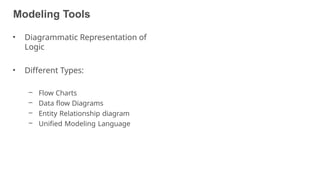 Modeling Tools
20
• Diagrammatic Representation of
Logic
• Different Types:
– Flow Charts
– Data flow Diagrams
– Entity Relationship diagram
– Unified Modeling Language
 