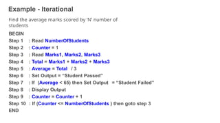 Example - Iterational
34
Find the average marks scored by ‘N’ number of
students
BEGIN
Step 1
Step 2
Step 3
Step 4
Step 5
Step 6
Step 7
Step 8
Step 9
: Read NumberOfStudents
: Counter = 1
: Read Marks1, Marks2, Marks3
: Total = Marks1 + Marks2 + Marks3
: Average = Total / 3
: Set Output = “Student Passed”
: If (Average < 65) then Set Output = “Student Failed”
: Display Output
: Counter = Counter + 1
Step 10 : If (Counter <= NumberOfStudents ) then goto step 3
END
 