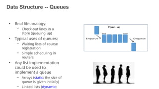 Data Structure -- Queues
• Real life analogy:
– Check-out lines in a
store (queuing up)
• Typical uses of queues:
– Waiting lists of course
registration
– Simple scheduling in
routers
• Any list implementation
could be used to
implement a queue
– Arrays (static: the size of
queue is given initially)
– Linked lists (dynamic: 51
 