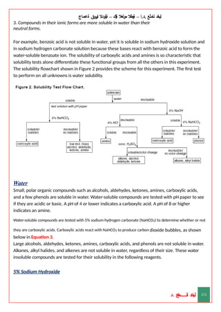 ‫ليخد‬
‫نامثع‬
– ‫ا‬.‫د‬.
‫ةيبطال‬
‫مولعال‬
‫لك‬‫ي‬‫ة‬
–
‫ةيلودال‬
‫انيروق‬
‫ةعماج‬
3. Compounds in their ionic forms are more soluble in water than their
neutral forms.
For example, benzoic acid is not soluble in water, yet it is soluble in sodium hydroxide solution and
in sodium hydrogen carbonate solution because these bases react with benzoic acid to form the
water-soluble benzoate ion. The solubility of carboxylic acids and amines is so characteristic that
solubility tests alone differentiate these functional groups from all the others in this experiment.
The solubility flowchart shown in Figure 2 provides the scheme for this experiment. The first test
to perform on all unknowns is water solubility.
Water
Small, polar organic compounds such as alcohols, aldehydes, ketones, amines, carboxylic acids,
and a few phenols are soluble in water. Water-soluble compounds are tested with pH paper to see
if they are acidic or basic. A pH of 4 or lower indicates a carboxylic acid. A pH of 8 or higher
indicates an amine.
Water-soluble compounds are tested with 5% sodium hydrogen carbonate (NaHCO3) to determine whether or not
they are carboxylic acids. Carboxylic acids react with NaHCO3 to produce carbon dioxide bubbles, as shown
below in Equation 3.
Large alcohols, aldehydes, ketones, amines, carboxylic acids, and phenols are not soluble in water.
Alkanes, alkyl halides, and alkenes are not soluble in water, regardless of their size. These water
insoluble compounds are tested for their solubility in the following reagents.
5% Sodium Hydroxide
‫د‬
‫خ‬
‫ي‬
‫ـ‬
‫ـ‬
‫ـ‬
‫ـ‬
‫ـ‬
‫ـ‬
‫ـ‬
‫ـ‬
‫ل‬
‫ثع‬‫م‬‫اــــــــــ‬‫ن‬
‫د‬. 113
 