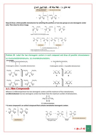 ‫ليخد‬
‫نامثع‬
– ‫ا‬.‫د‬.
‫ةيبطال‬
‫مولعال‬
‫لك‬‫ي‬‫ة‬
–
‫ةيلودال‬
‫انيروق‬
‫ةعماج‬
Step [2] Draw a third possible stereoisomer by switching the positions of any two groups on one stereogenic center
only. Then draw its mirror image.
Problem.38. Label the two stereogenic centers in each compound and draw all possible stereoisomers:
(a) CH3CH2CH(Cl)CH(OH)CH2CH3; (b) CH3CH(Br)CH2CH(Cl)CH3.
ANSWER:
2.7. Meso Compounds
Whereas 2,3-dibromopentane has two stereogenic centers and the maximum of four stereoisomers,
2,3-dibromobutane has two stereogenic centers but fewer than the maximum number of stereoisomers.
• A meso compound is an achiral compound that contains tetrahedral stereogenic centers
‫د‬
‫خ‬
‫ي‬
‫ـ‬
‫ـ‬
‫ـ‬
‫ـ‬
‫ـ‬
‫ـ‬
‫ـ‬
‫ـ‬
‫ل‬
‫ثع‬‫م‬‫اــــــــــ‬‫ن‬
‫د‬. 23
 