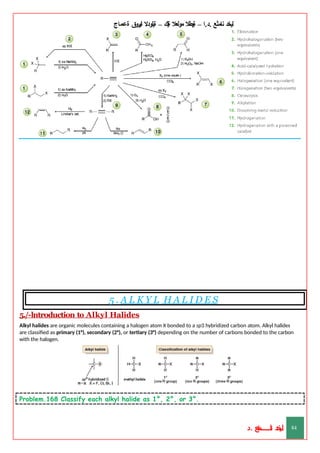 ‫ليخد‬
‫نامثع‬
– ‫ا‬.‫د‬.
‫ةيبطال‬
‫مولعال‬
‫لك‬‫ي‬‫ة‬
–
‫ةيلودال‬
‫انيروق‬
‫ةعماج‬
5 . A L K Y L H A L I D E S
5./-lntroduction to Alkyl Halides
Alkyl halides are organic molecules containing a halogen atom X bonded to a sp3 hybridized carbon atom. Alkyl halides
are classified as primary (1°), secondary (2°), or tertiary (3°) depending on the number of carbons bonded to the carbon
with the halogen.
Problem.168 Classify each alkyl halide as 1°, 2°, or 3°.
‫د‬
‫خ‬
‫ي‬
‫ـ‬
‫ـ‬
‫ـ‬
‫ـ‬
‫ـ‬
‫ـ‬
‫ـ‬
‫ـ‬
‫ل‬
‫ثع‬‫م‬‫اــــــــــ‬‫ن‬
‫د‬. 84
 