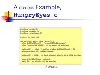 A exec Example,
HungryEyes.c
#include <stdio.h>
#include <unistd.h>
#include <sys/types.h>
#define LB_SIZE 1024
int main(int argc, char *argv[]) {
char fullPathName[] = “/usr/X11R6/bin/xeyes”;
char *myArgv[LB_SIZE]; // an array of pointers
myArgv[0] = (char *) malloc(strlen(fullPathName) + 1);
strcpy(myArgv[0], fullPathName);
myArgv[1] = NULL; // last element should be a NULL pointer
execvp(fullPathName, myArgv);
exit(0); // should not be reached
}
A process
 