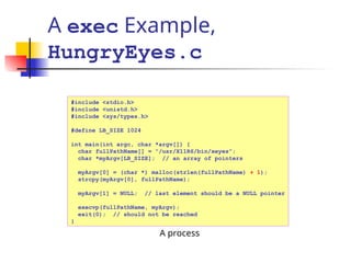 A exec Example,
HungryEyes.c
#include <stdio.h>
#include <unistd.h>
#include <sys/types.h>
#define LB_SIZE 1024
int main(int argc, char *argv[]) {
char fullPathName[] = “/usr/X11R6/bin/xeyes”;
char *myArgv[LB_SIZE]; // an array of pointers
myArgv[0] = (char *) malloc(strlen(fullPathName) + 1);
strcpy(myArgv[0], fullPathName);
myArgv[1] = NULL; // last element should be a NULL pointer
execvp(fullPathName, myArgv);
exit(0); // should not be reached
}
A process
 
