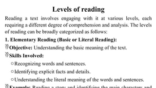 Levels of reading
Reading a text involves engaging with it at various levels, each
requiring a different degree of comprehension and analysis. The levels
of reading can be broadly categorized as follows:
1. Elementary Reading (Basic or Literal Reading):
Objective: Understanding the basic meaning of the text.
Skills Involved:
oRecognizing words and sentences.
oIdentifying explicit facts and details.
oUnderstanding the literal meaning of the words and sentences.
 