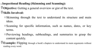 2. Inspectional Reading (Skimming and Scanning):
Objective: Getting a general overview or gist of the text.
Skills Involved:
oSkimming through the text to understand its structure and main
ideas.
oScanning for specific information, such as names, dates, or key
terms.
oPreviewing headings, subheadings, and summaries to grasp the
content quickly.
Example: Flipping through a book's chapters to understand its main arguments without
reading every word.
 