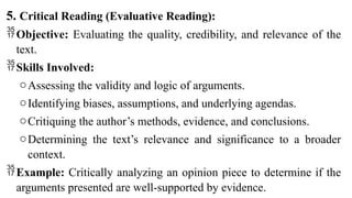 5. Critical Reading (Evaluative Reading):
Objective: Evaluating the quality, credibility, and relevance of the
text.
Skills Involved:
oAssessing the validity and logic of arguments.
oIdentifying biases, assumptions, and underlying agendas.
oCritiquing the author’s methods, evidence, and conclusions.
oDetermining the text’s relevance and significance to a broader
context.
Example: Critically analyzing an opinion piece to determine if the
arguments presented are well-supported by evidence.
 