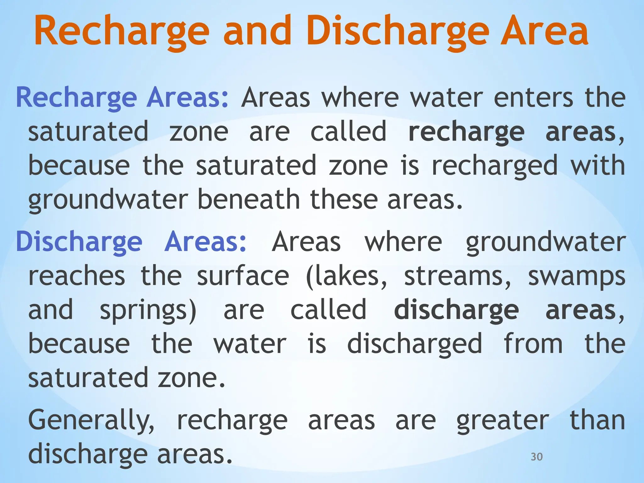 30
Recharge and Discharge Area
Recharge Areas: Areas where water enters the
saturated zone are called recharge areas,
because the saturated zone is recharged with
groundwater beneath these areas.
Discharge Areas: Areas where groundwater
reaches the surface (lakes, streams, swamps
and springs) are called discharge areas,
because the water is discharged from the
saturated zone.
Generally, recharge areas are greater than
discharge areas.
 