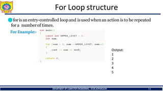 For Loop structure
⚫forisan entry-controlled loopand isused whenan action is to be repeated
for a numberof times.
Output:
1
2
3
4
5
DEPARTMENT OF COMPUTER ENGINEERING ,SCOE,KOPARGAON 11
 