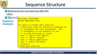 Sequence Structure
⚫Statementsareexecuted oneafterthe
other.
⚫This is C++'sdefaultbehavior!
DEPARTMENT OF COMPUTER ENGINEERING ,SCOE,KOPARGAON 3
 