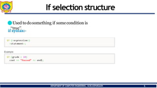 If selection structure
⚫Used todosomething if somecondition is
“true”.
DEPARTMENT OF COMPUTER ENGINEERING ,SCOE,KOPARGAON 5
 