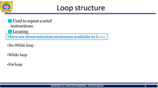 Loop structure
⚫Used to repeat a setof
instructions.
⚫Looping
•Do-While loop
•While loop
•Forloop
DEPARTMENT OF COMPUTER ENGINEERING ,SCOE,KOPARGAON 8
 
