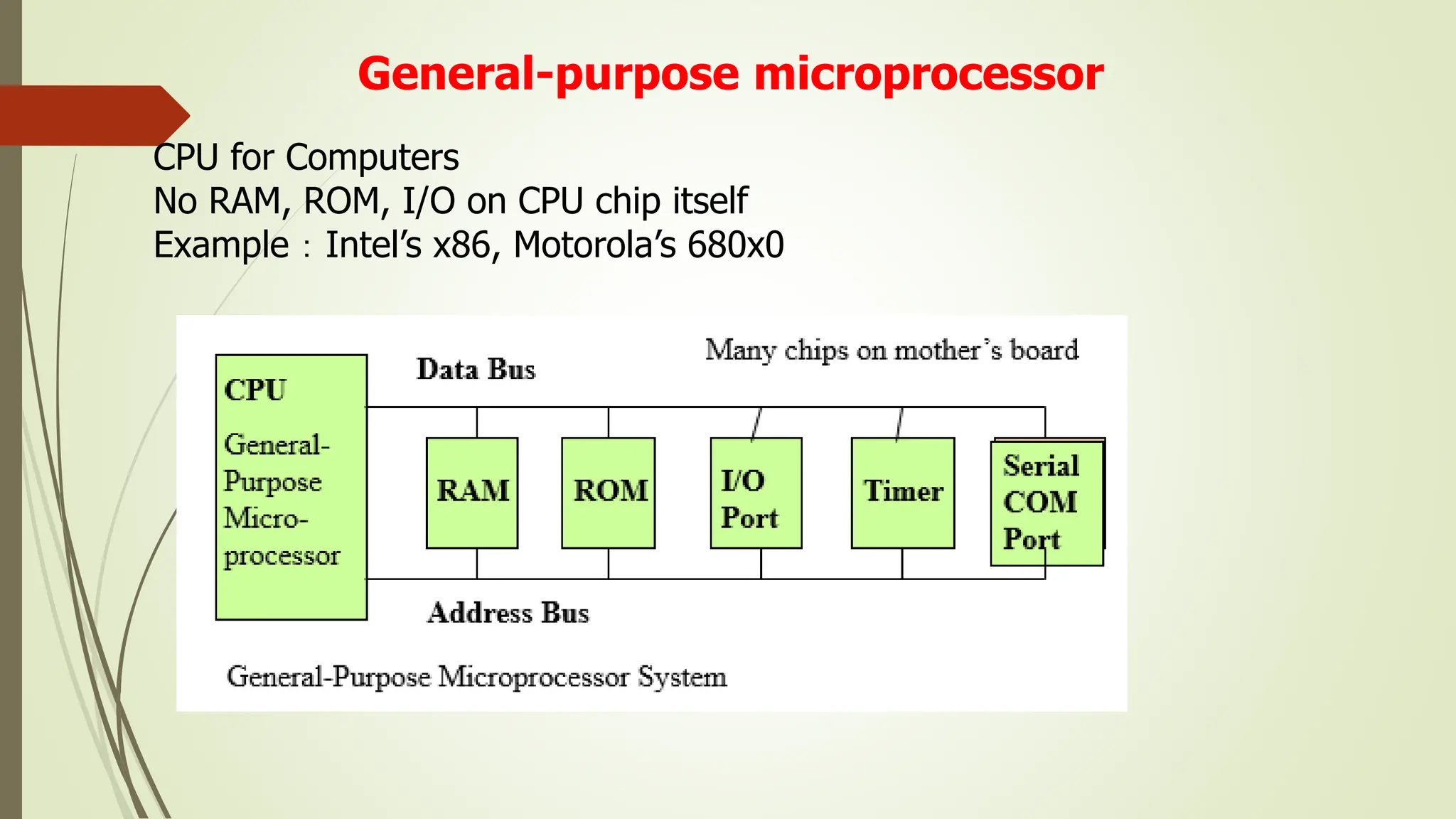 General-purpose microprocessor
CPU for Computers
No RAM, ROM, I/O on CPU chip itself
Example：Intel’s x86, Motorola’s 680x0
 