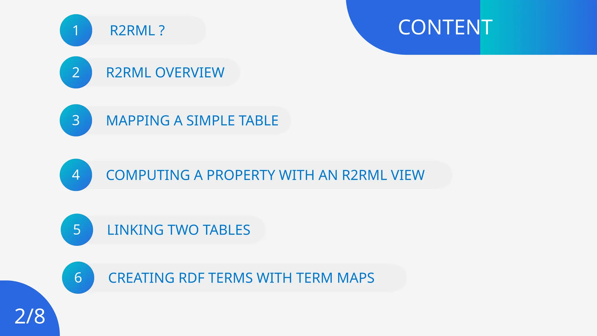 R2RML OVERVIEW
MAPPING A SIMPLE TABLE
CONTENT
R2RML ?
1
2
3
COMPUTING A PROPERTY WITH AN R2RML VIEW
4
LINKING TWO TABLES
5
CREATING RDF TERMS WITH TERM MAPS
6
2/8
 