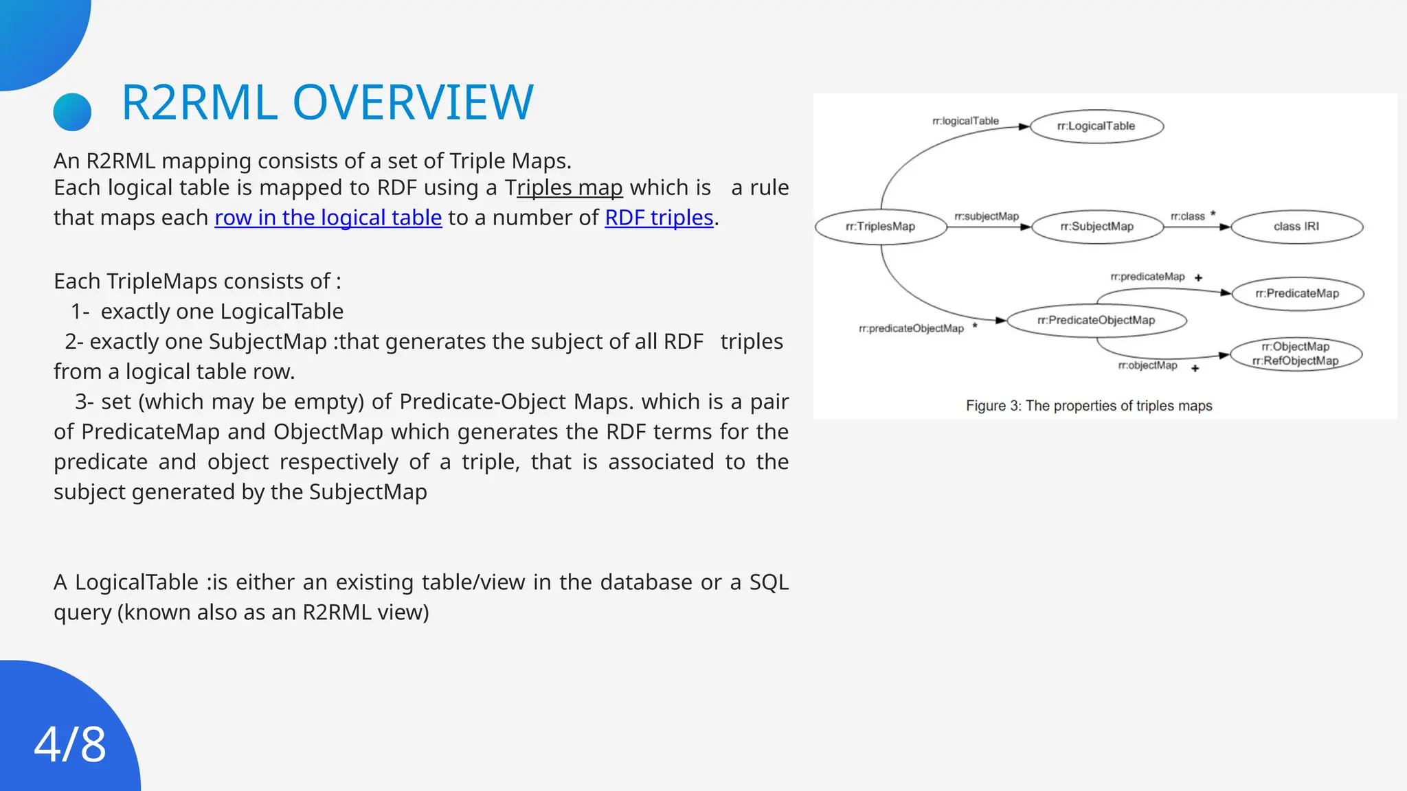 R2RML OVERVIEW
An R2RML mapping consists of a set of Triple Maps.
Each logical table is mapped to RDF using a Triples map which is a rule
that maps each row in the logical table to a number of RDF triples.
Each TripleMaps consists of :
1- exactly one LogicalTable
2- exactly one SubjectMap :that generates the subject of all RDF triples
from a logical table row.
3- set (which may be empty) of Predicate-Object Maps. which is a pair
of PredicateMap and ObjectMap which generates the RDF terms for the
predicate and object respectively of a triple, that is associated to the
subject generated by the SubjectMap
A LogicalTable :is either an existing table/view in the database or a SQL
query (known also as an R2RML view)
4/8
 