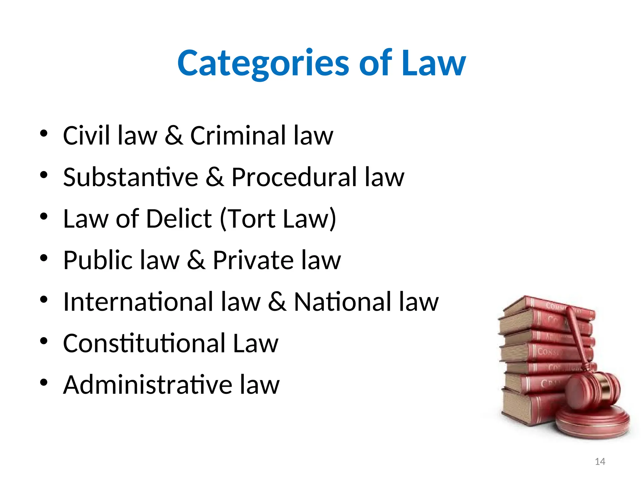 Categories of Law
• Civil law & Criminal law
• Substantive & Procedural law
• Law of Delict (Tort Law)
• Public law & Private law
• International law & National law
• Constitutional Law
• Administrative law
14
 