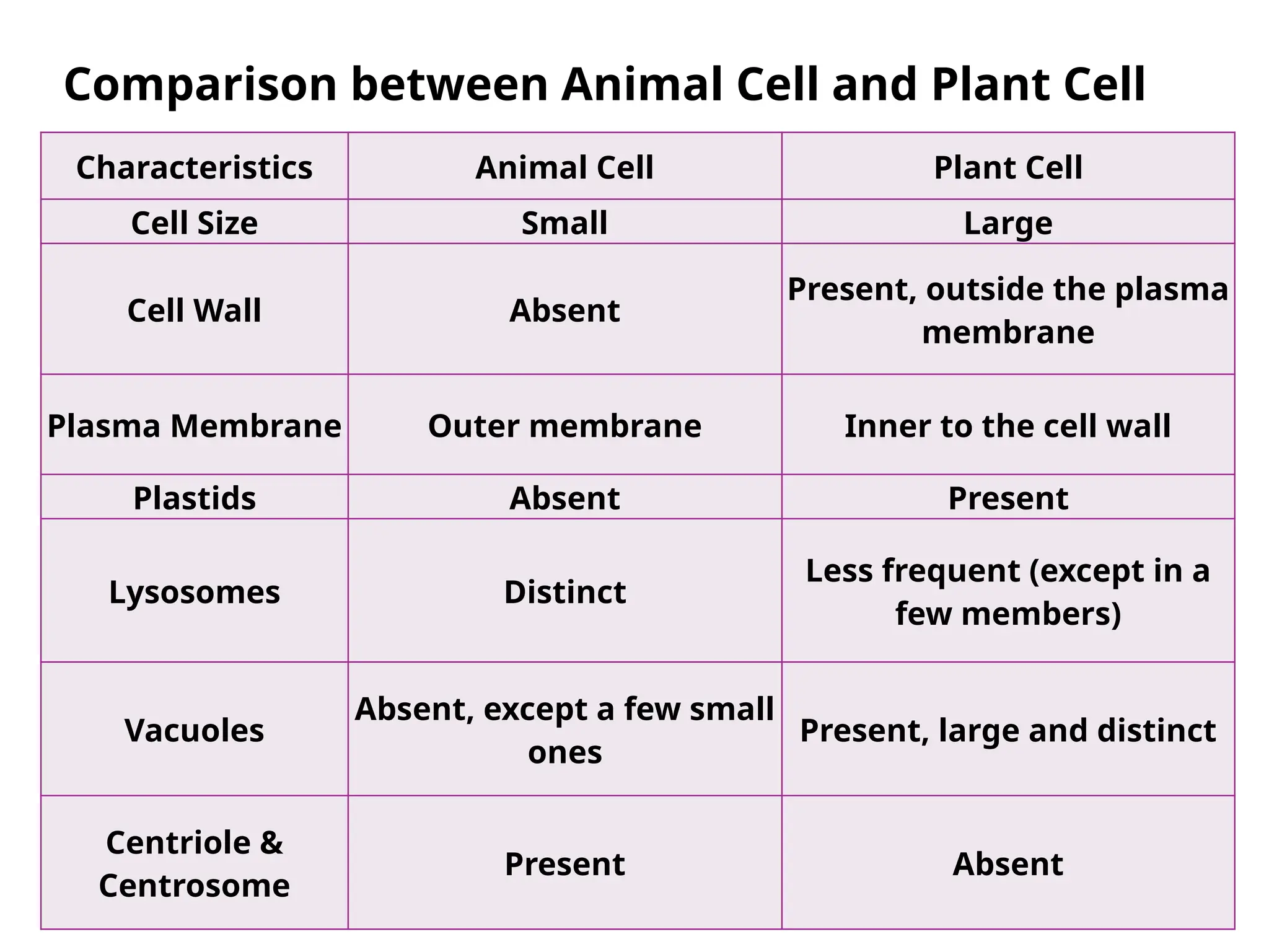 Comparison between Animal Cell and Plant Cell
Characteristics Animal Cell Plant Cell
Cell Size Small Large
Cell Wall Absent
Present, outside the plasma
membrane
Plasma Membrane Outer membrane Inner to the cell wall
Plastids Absent Present
Lysosomes Distinct
Less frequent (except in a
few members)
Vacuoles
Absent, except a few small
ones
Present, large and distinct
Centriole &
Centrosome
Present Absent
 