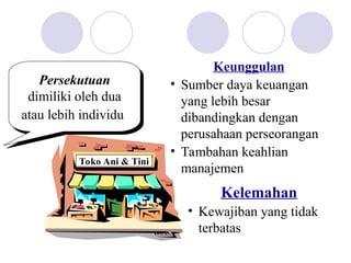 Persekutuan
dimiliki oleh dua
atau lebih individu
Keunggulan
• Sumber daya keuangan
yang lebih besar
dibandingkan dengan
perusahaan perseorangan
• Tambahan keahlian
manajemen
Kelemahan
• Kewajiban yang tidak
terbatas
Toko Ani & Tini
 