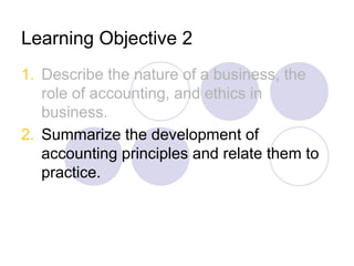 Learning Objective 2
1. Describe the nature of a business, the
role of accounting, and ethics in
business.
2. Summarize the development of
accounting principles and relate them to
practice.
 