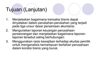 Tujuan (Lanjutan)
1. Menjelaskan bagaimana transaksi bisnis dapat
dinyatakan dalam perubahan-perubahan yang terjadi
pada tiga unsur dasar persamaan akuntansi.
2. Menguraikan laporan keuangan perusahaan
perseorangan dan menjelaskan bagaimana laporan-
laporan tersebut saling berhubungan.
3. Menggunakan rasio kewajiban terhadap ekuitas pemilik
untuk menganalisis kemampuan bertahan perusahaan
dalam kondisi bisnis yang buruk.
 