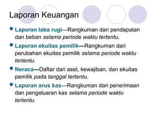 Laporan Keuangan
Laporan laba rugi—Rangkuman dari pendapatan
dan beban selama periode waktu tertentu.
Laporan ekuitas pemilik—Rangkuman dari
perubahan ekuitas pemilik selama periode waktu
tertentu.
Neraca—Daftar dari aset, kewajiban, dan ekuitas
pemilik pada tanggal tertentu.
Laporan arus kas—Rangkuman dari penerimaan
dan pengeluaran kas selama periode waktu
tertentu.
 